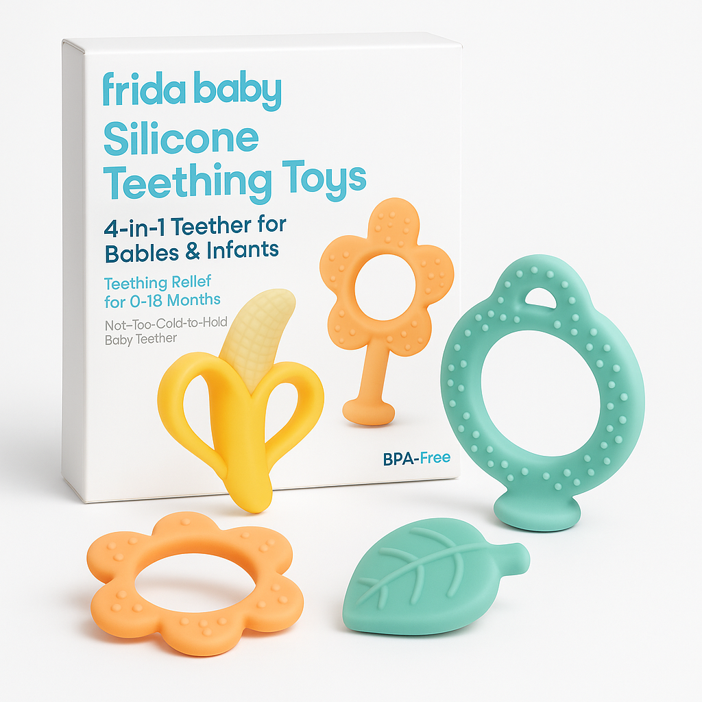 Frida Baby Silicone Teething Toys, 4-in-1 Teether for Babies & Infants, Teething Relief for 0-18 Months, Not-Too-Cold-to-Hold Baby Teether, BPA-Free