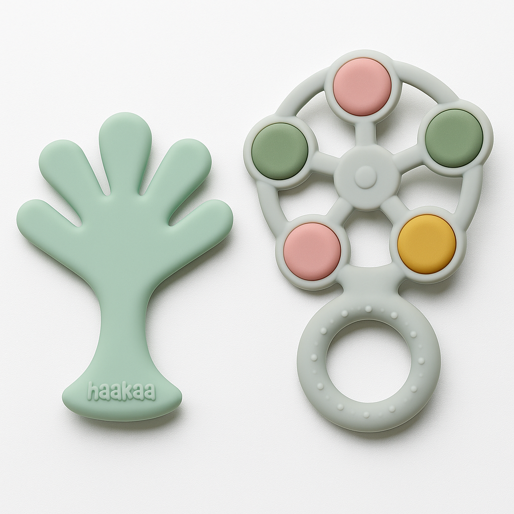 Haakaa Silicone Teether Combo - Baby Freezer Teething Toy - Soft Cold Teether - Soothe Teething Pain & Itching Gums - Perfect Size - Palm & Ferris Wheel Shape for 3M+ Babies BPA Free - 2 pk