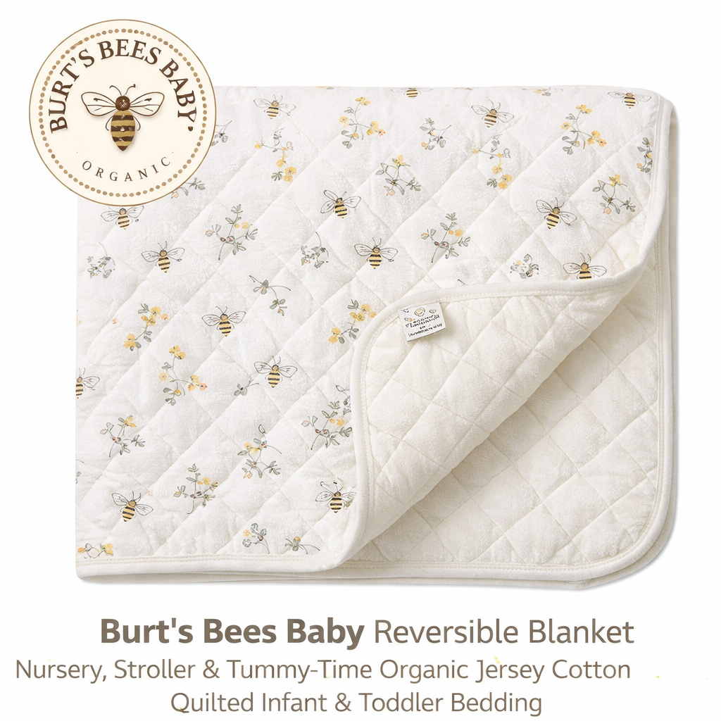 Burt's Bees Baby Reversible Blanket, Nursery, Stroller & Tummy-Time Organic Jersey Cotton Quilted Infant & Toddler Bedding